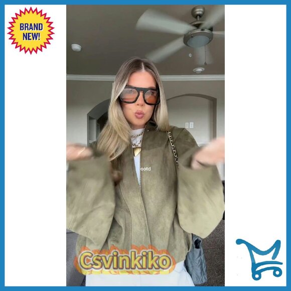 Oversized Faux Suede Bomber Jacket Lapel Zip Up Streetwear Outerwear - Picture 6 of 8